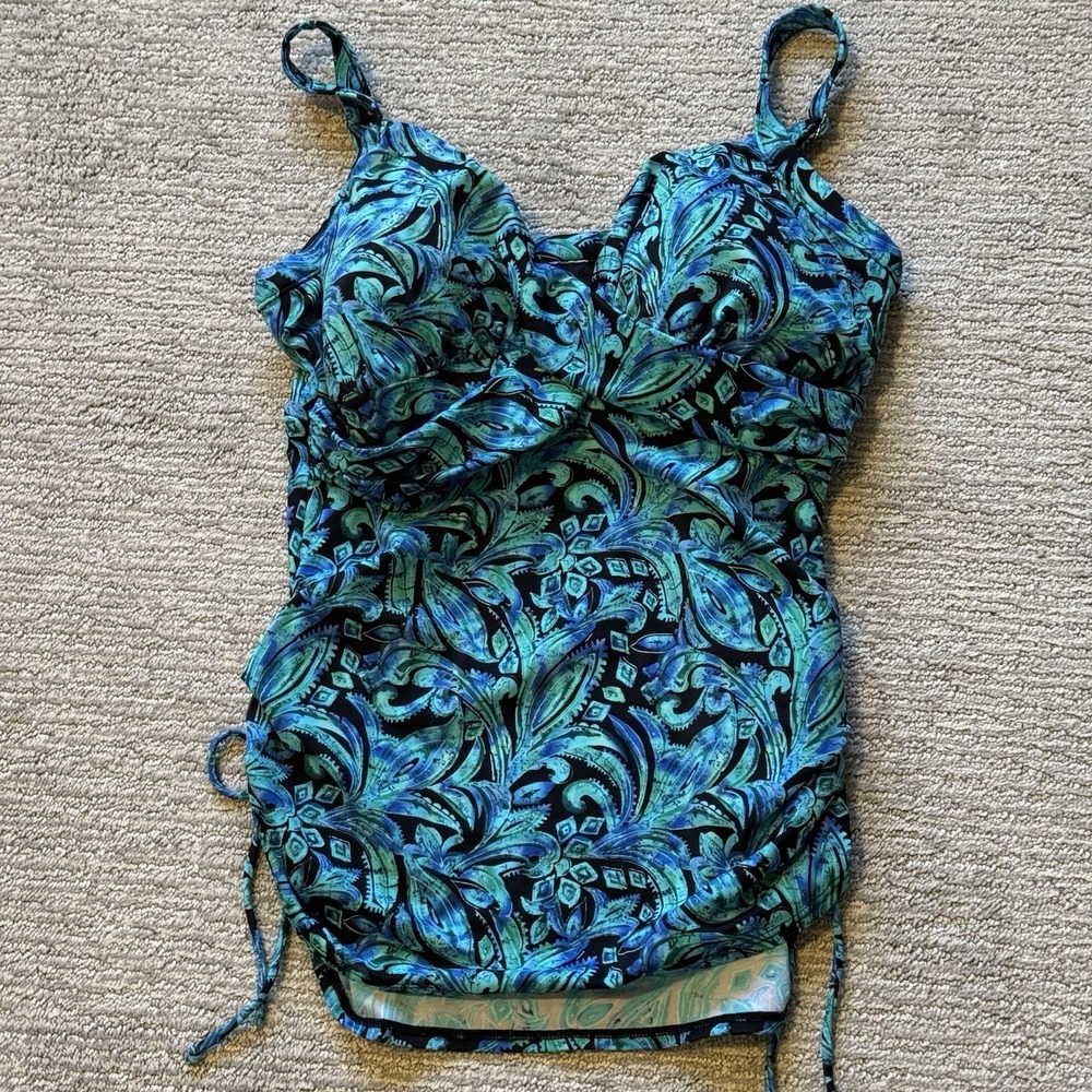 Trimshaper Tankini 20W V-Neck Ruched Blue Turquoise Black Slimming Shelf Bra